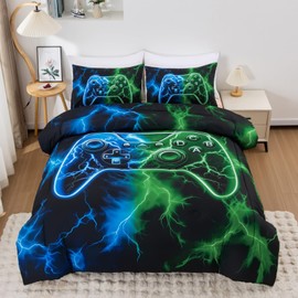 Meeting Story Boy Bedding Set Twin, 3D Game Controller Design Twin Comforter, Gamer Themed Bedding Set for Kids(Bluegreen)