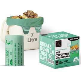 H Haya Home 6L-7L Eco Green 156 Compostable Biodegradable Food Waste Bin Bags with Tie Top, Extra Thick, Strong & Leak Proof Caddy Liners, 100% Corn Starch, Plastic-Free, EN 13432 Certified