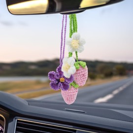 2 PCS Crochet Flower Car Hanging Ornaments, Strawberry and Hibiscus Flower Cute Rearview Mirror Hanging Bag Charms Decor Accessories for Women Girls