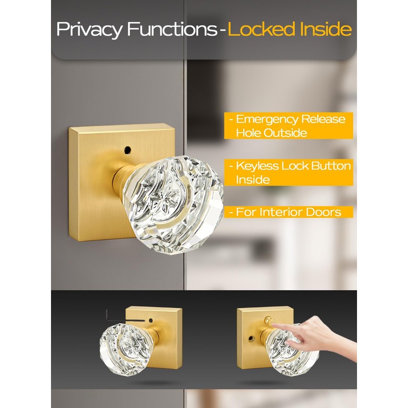 EHOMEWARE 1 Pack Crystal Door Knobs Gold, Closet Door Handles