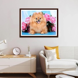YEEIFFD Diamond Art Painting Kits for Adults 5D Diamond Painting Kit for Adults & Kids, Cute Pomeranian and Flowers Round Full Drill Embroidery Cross Stitch Arts Craft for Home Wall Decor 12x16in