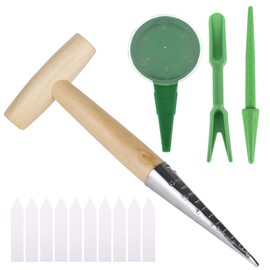 bssmmai Stainless Steel Dibber Hand Tools Set, Hand Dibber with 5 inches Measuring Scale with Light Weight Wooden Handle,and Plant Labels for Planting Seeds
