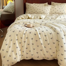 Nayoroom Bed Linen 135 x 200 cm Girls Black White Bows Children's Duvet Cover 2-Piece Aesthetic Kawaii Bow Pattern Microfibre Single Bed Duvet Cover with Zip and Pillowcase 80 x 80 cm