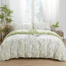 SAPHREAS Botanical Plant Duvet Cover Set King Size 3pcs Yellow Green Leaves Pattern Bedding Comforter Cover Set Cotton 1 Duvet Cover 2 Pillow Shams, Comforter Not Included