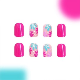 Flower Press on Nails Short Square Fake Nails Press ons with Designs Pink False Nails Glossy Full Cover Acrylic Glue on Nails Cute Artificial Spring Stick on Nails for Women Nails Decoration 24Pcs