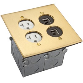 ENERLITES Screw Cap Cover Floor Box kit, 5” x 5” 2-Gang, 20A Tamper-Weather Resistant Receptacle Outlet, Watertight Gasket, Corrosive Resistant Hardware, 975510-C-D, Brass, w/ Data Port