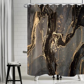 Uiiooazy Shower Curtain Black Gold Marble-Look Abstract Marbled Shower Curtain Bathtub Anti-Mould Waterproof Polyester Fabric Washable Opaque Bathroom Curtain with Rings 180 x 180 cm