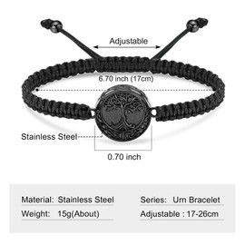 Minicremation Tree of Life Cremation Urn Bracelet Adjustable Braided Rope Bracelet for Ashes Keepsake Memorial Bracelet for Women Men, Stainless Steel, No Gemstone