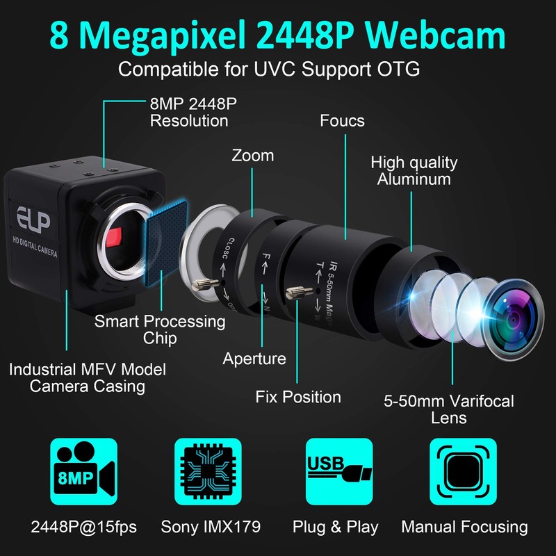 ELP USB Camera 8MP 10X Optical Zoom Webcam 5-50mm Varifocal