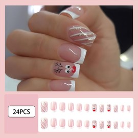Christmas Press On Nails Medium, Christmas Nails Glue On，24Pcs Christmas Fake Nails With Glue, Christmas Nails Press On With White French and Elk Stripes Design，Stick On Nails for Women