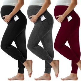 Geyoga 3 Pack Womens Maternity Pants Over The Belly Stretchy Pregnancy Sweatpants Comfy Pregnancy Joggers with Pockets(Black, Dark Grey, Wine Red,X-Large)
