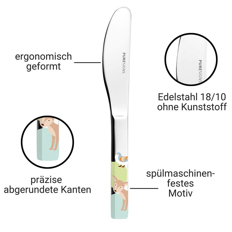 Puresigns WOODY Premium Kinderbesteck-Set: Ergonomisches 4-teiliges Edelstahlbesteck mit Waldtier-Motiven für