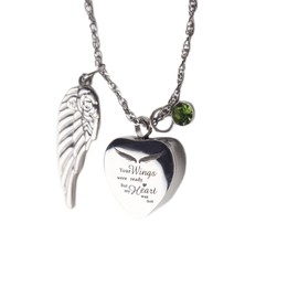Silver Stainless Steel Three Charm Script Heart, Angel Wing and Gem Keepsake Urn Pendant