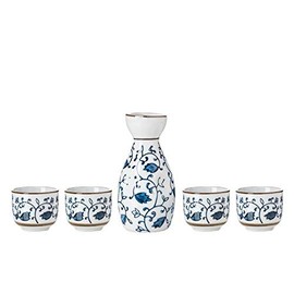 TJ Global 5-Piece Sake Set, Durable Ceramic Japanese Sake Set with 1 Carafe/Decanter/Tokkuri Bottle and 4 Ochoko cups for Hot or Cold Sake at Home or Restaurant - White with Blue Vines