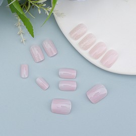 24PCS Pink Press on Nail Medium Square Pink Glitter Soft Gel Nails Square Fake Nail Glossy Stick Glue on Nail Kit for Women