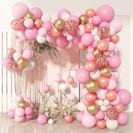 140Pcs Rose Gold Pink Balloons Garland Arch Kit, Light Pink Rose Gold Confetti Balloons for Women Girls Birthday Baby Shower Wedding Graduation Bachelorette Mother's Valentine's Day Party Decorations