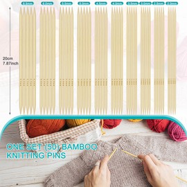 Aeelike 10 Sizes Knitting Needles Bamboo Knitting Needles Set, 2.0-6.5 mm Double Tips Sock Knitting Needles Knitting Needle Set with Needle Gauge, 20 cm Lightweight Handmade Needle Set for Knitting