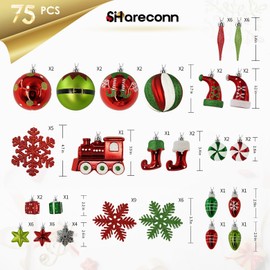 SHareconn 75pcs Christmas Balls Ornaments Set, Elf Boots Theme Shatterproof Plastic Decorative Hanging Baubles Bulk for Xmas Tree Decor/Holiday/Party/Wedding, Red Green & White