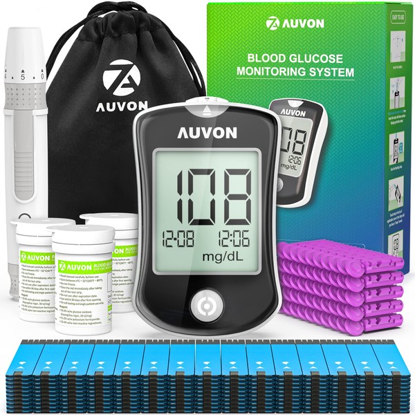 AUVON Blood Glucose Monitor Kit with 150 Glucometer Strips and 50 30G Lancets, 1 Lancing Devices, I-QARE DS-W Diabetes Testing Kit, Blood Sugar Monitor Includes Portable Bag, Coding Free