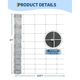 BouPower Farm Fence, 4ft x 328ft Galvanized Wire Fencing, Heavy Duty Durable Cattle Fencing, Metal Fence Rolls for Goat Deer Yard Livestock Animals Protection
