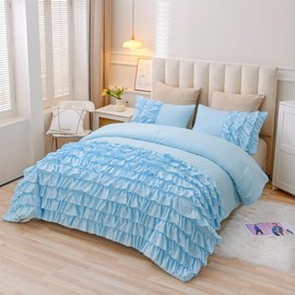 Holawakaka Light Blue Waterfall Ruffle Comforter Set Twin Size Multi-Layers Ruffled Shabby Chic 3PCS Bedding Set for Girls Women