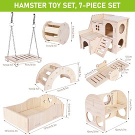 BYZESTY Wooden Hamster House, Hamster Toy, Pack of 7 DIY House for Guinea Pigs, Wood, Hamster House Bell Roller, Bridge Seesaw, Swing Hamster Accessories for Gerbils, Dwarf Hamsters, Chinchillas