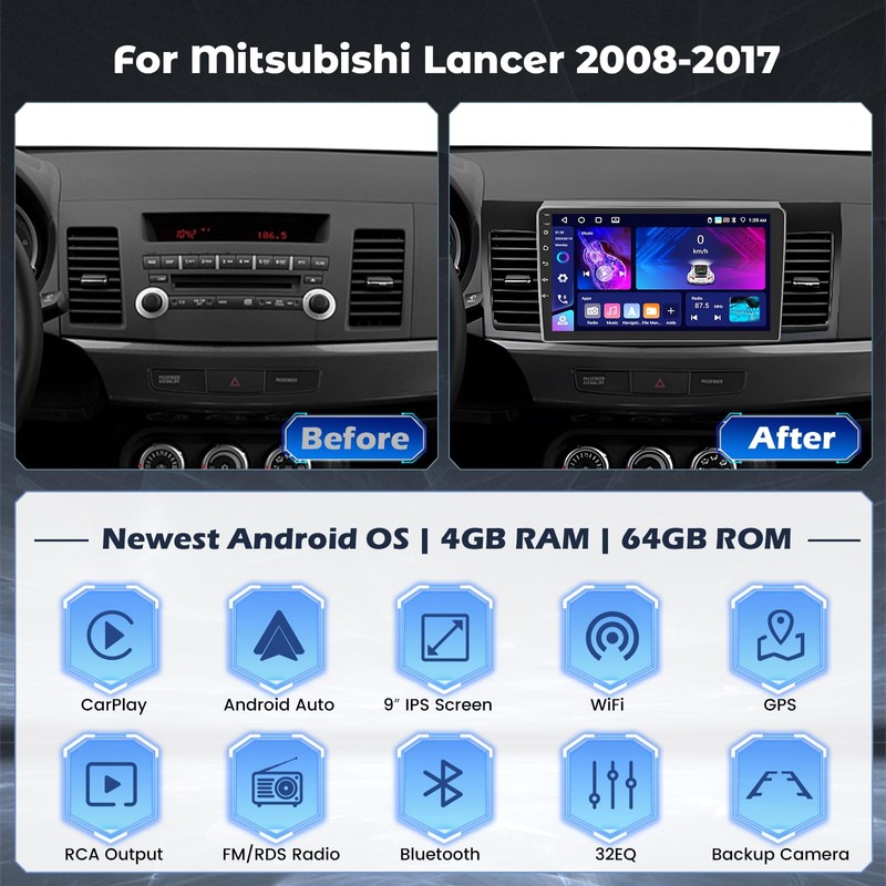 [4+64G] Hikity Android 15 Car Stereo for Mitsubishi Lancer 2008-2017
