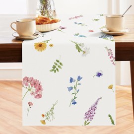Bonhause Floral Table Runner 13x72 Inch Blue Pink Purple Wildflowers Plants Seasonal Holiday Kitchen Dining Table Decoration for Indoor Outdoor Home Party Decor