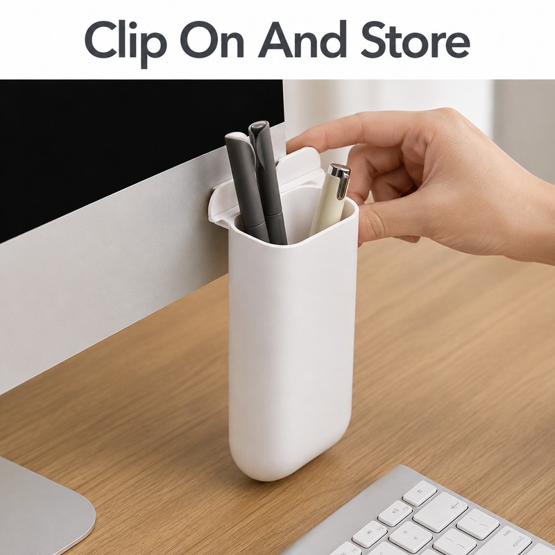 Monitor Pen Holder for Desk Organization - Self-Adhesive Plastic Stationery