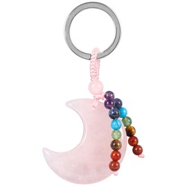 KYEYGWO Crystal Moon Keychain for Women, 7 Chakra Beads Tassel Keyring Decor, Handmade Lucky Lanyard Pendant Keychain, Rose Quartz