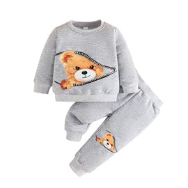 Similotey Baby Boy Outfit Set Bear Print Long Sleeve Sweatshirt + Pants Toddler Baby Boy Clothes, Grey, 18-24 Months