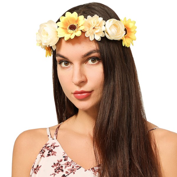 June Bloomy Women Rose Floral Crown Hair Wreath Leave Flower Headband with Adjustable Ribbon (3# Sunflower)