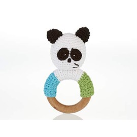 Pebble Crochet Cotton and Wooden Teether Panda Ring Rattle, Suitable from Birth
