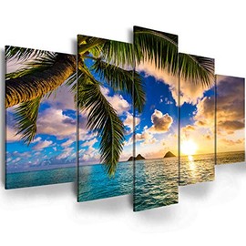 Modern 5 Piece Framed Giclee Canvas Prints - Ephany Art - Blue Beach Landscape Blue Paintings on Canvas Wall Art Wall Art Canvas Print Frame Picture Painting for Room Home Decorations (B-5pcs,40"x20")