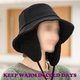 ZffXH Winter Bucket Rain Hats for Women Girls with Ear Flaps Warm Autumn Fisherman Waterproof Caps Black