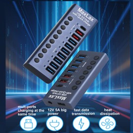 MaxLax Aluminum USB 3.0 hub with Charging Function, Power Adapter,Individual Power swiches (Silver Gray-10 Ports)