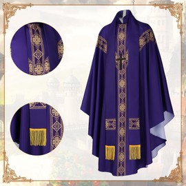 YOYEMAM Church Catholic Priest Chasubles Vestments, Robe Chasuble Mass Round Collar Robe with Stole Men, Purple, X-Large