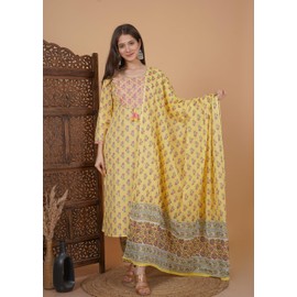 Meera Fab Women's Cotton Printed Green Printed Straight Embroidery Kurta With Palazzo & Dupatta Set X-Large Yellow