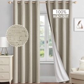 MIULEE Linen Textured 100% Blackout Curtains for Bedroom 90 Inches Long Stone Thermal Insulated Black Out Curtains/Draperies with White Liner for Living Room/Nursery, Grommet Top, 2 Panels