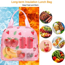 Octsky Cute Lunch Box Bag for Women Adult Men Large Capacity Insulated Tote Cooler for Work/Travel/Office, Pink Strawberries