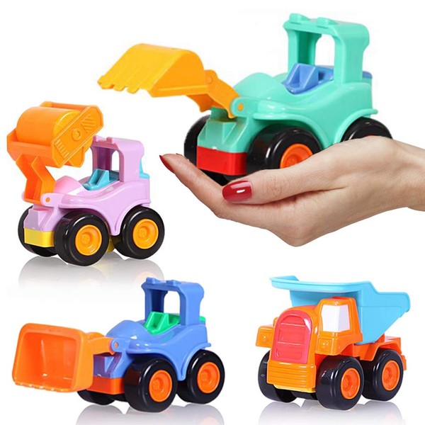 BEESTECH Toy Cars for 2,3,4,5 Year old Boys Girls Toddlers, Friction Powered Cars, Push and Go Construction Truck Toys, Pull back and Go Vehicles with Dumper Road Roller Bulldozer Excavator 4 Pack Gif
