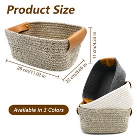 Small Woven Basket with PU Leather Handle, Cute Cotton Rope Basket for Organizing, Empty Gift Storage Bin for Cat Puppy Toy, Stylish Organizer Box for Home Room Shelf Nursery (Grey)