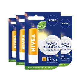 NIVEA Sun Protect Caring Lip Balm Pack of 4 (4 x 5.5ml), Protective Lip Moisturiser with Shea Butter and SPF30, Sun Protection Lip Balm for 24h Moisture Care, Melt-In Lip Care