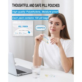 100 Pack Pill Pouch Bags - (4" X 2.75") Thickness is 6 Mil, Portable Plastic Pills Bag Hold Vitamin, Supplements, Medication, and Vitamin Storage