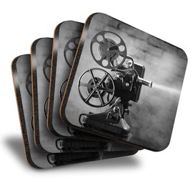 Destination Vinyl ltd Great Coasters (Set of 4) Square - BW - Vintage Old Movie Projector Films Cinema Drink Glossy Coasters/Tabletop Protection for Any Table Type #43727