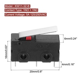 sourcing map 6Pcs KW11-3Z-B 1NO + 1NC Micro Limit Switch 5A 125/250VAC Waterproof Miniature Micro Switches for Precision Components