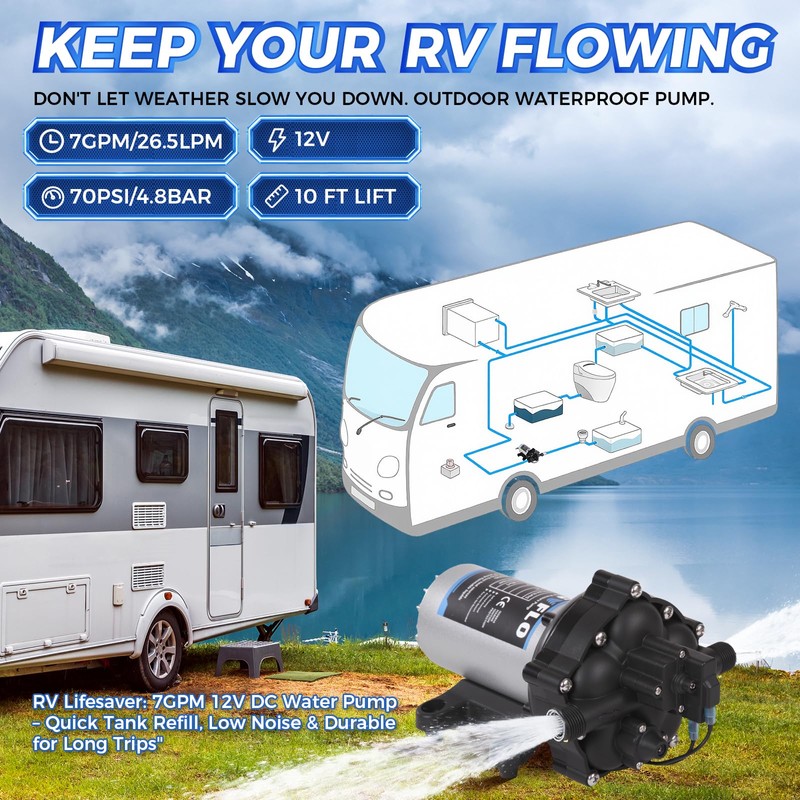 [Upgraded Version] 12V DC RV Fresh Water Pump, 7GPM 70PSI,