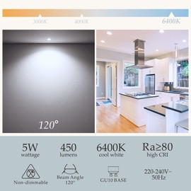 sanlumia 10 X 5W GU10 LED Super Bright Spotlight Bulb 450lm 120 Degree Beam Angle Non Dimmable 50W Halogen Equivalen Cool White 6400K