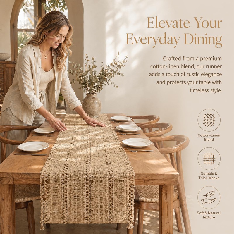 Merzio Boho Table Runner Macrame Cream Beige Woven Cotton, Linen