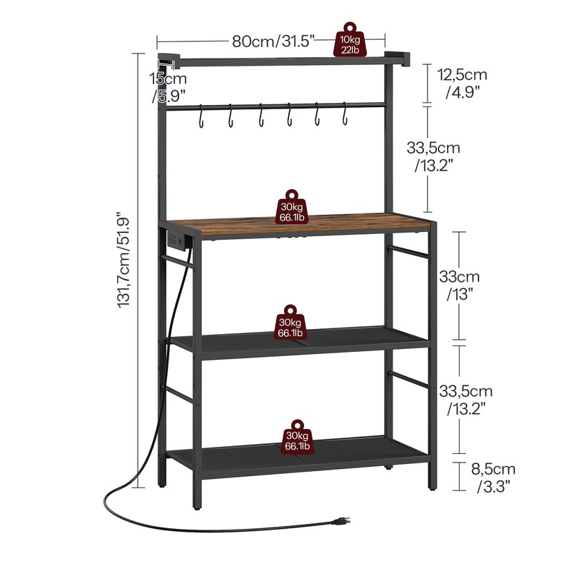 MAHANCRIS Bakers Rack with Power Outlet, Kitchen Storage Shelf with